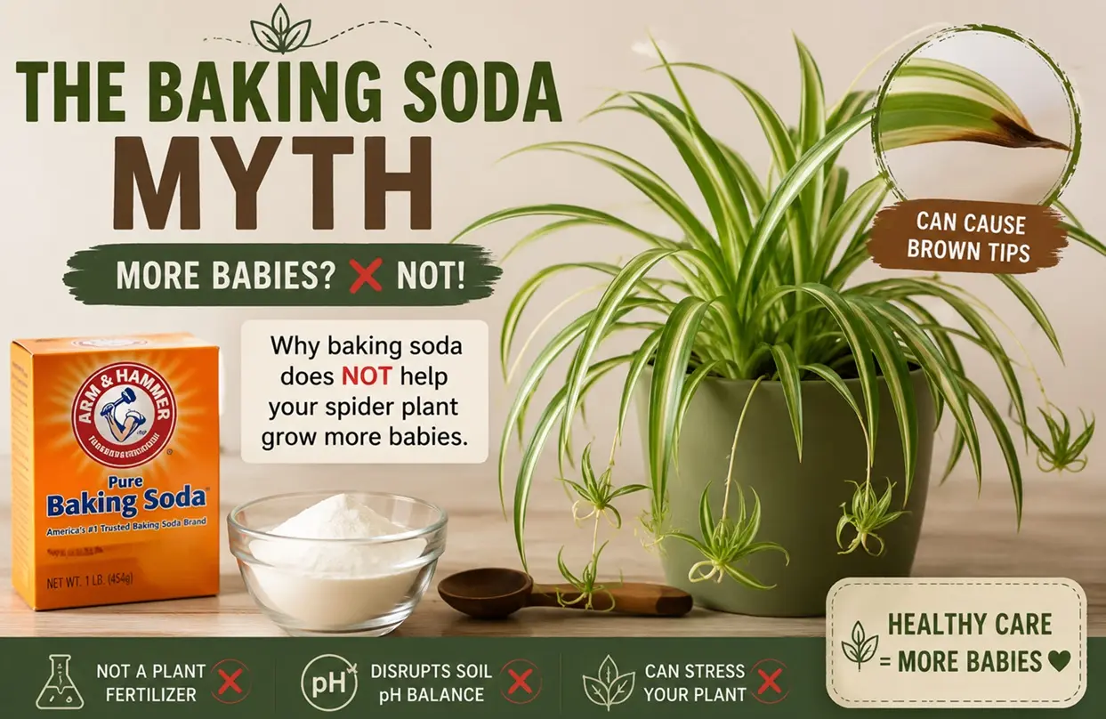 Spider plant beside baking soda illustrating the myth that baking soda helps spider plants produce more babies
