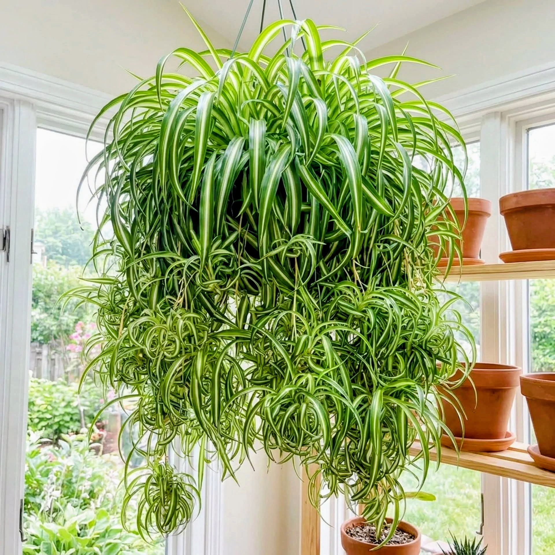 Healthy Bonnie Curly Spider Plant with Dozens of Babies Large healthy Bonnie curly spider plant with dozens of cascading spider plant babies growing in a bright room.