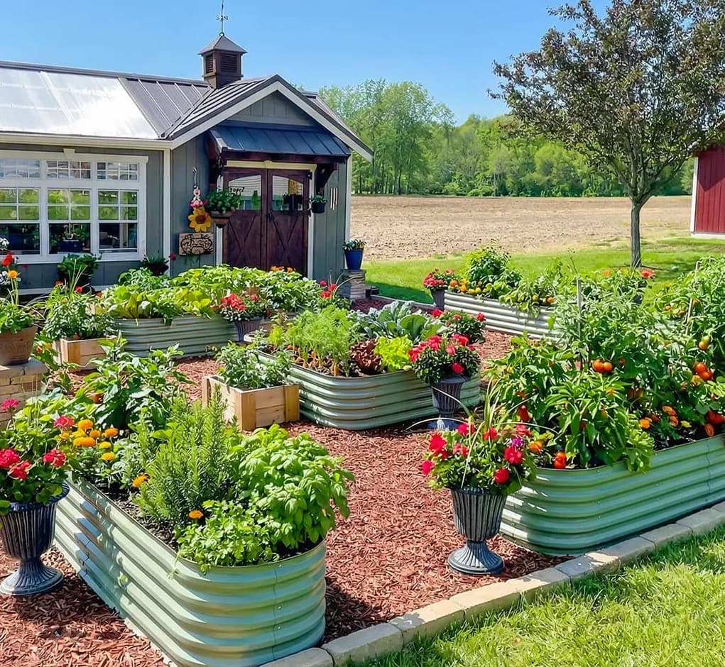 Free Organic Gardening Tips eBook featured image showing a thriving raised bed organic garden