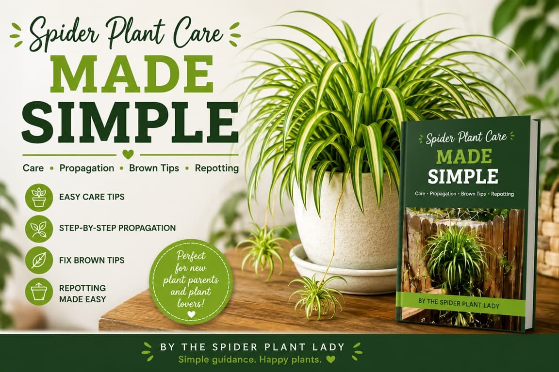 Spider Plant Care Made Simple Ebook by The Spider Plant Lady Spider Plant Care Made Simple ebook cover featuring a healthy spider plant with care tips on propagation, brown tips, and repotting by The Spider Plant Lady.