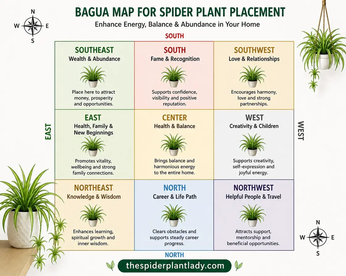 Spider Plant Feng Shui Bagua Map Placement Guide spider plant feng shui bagua map showing best placement for wealth health career and energy flow in the home