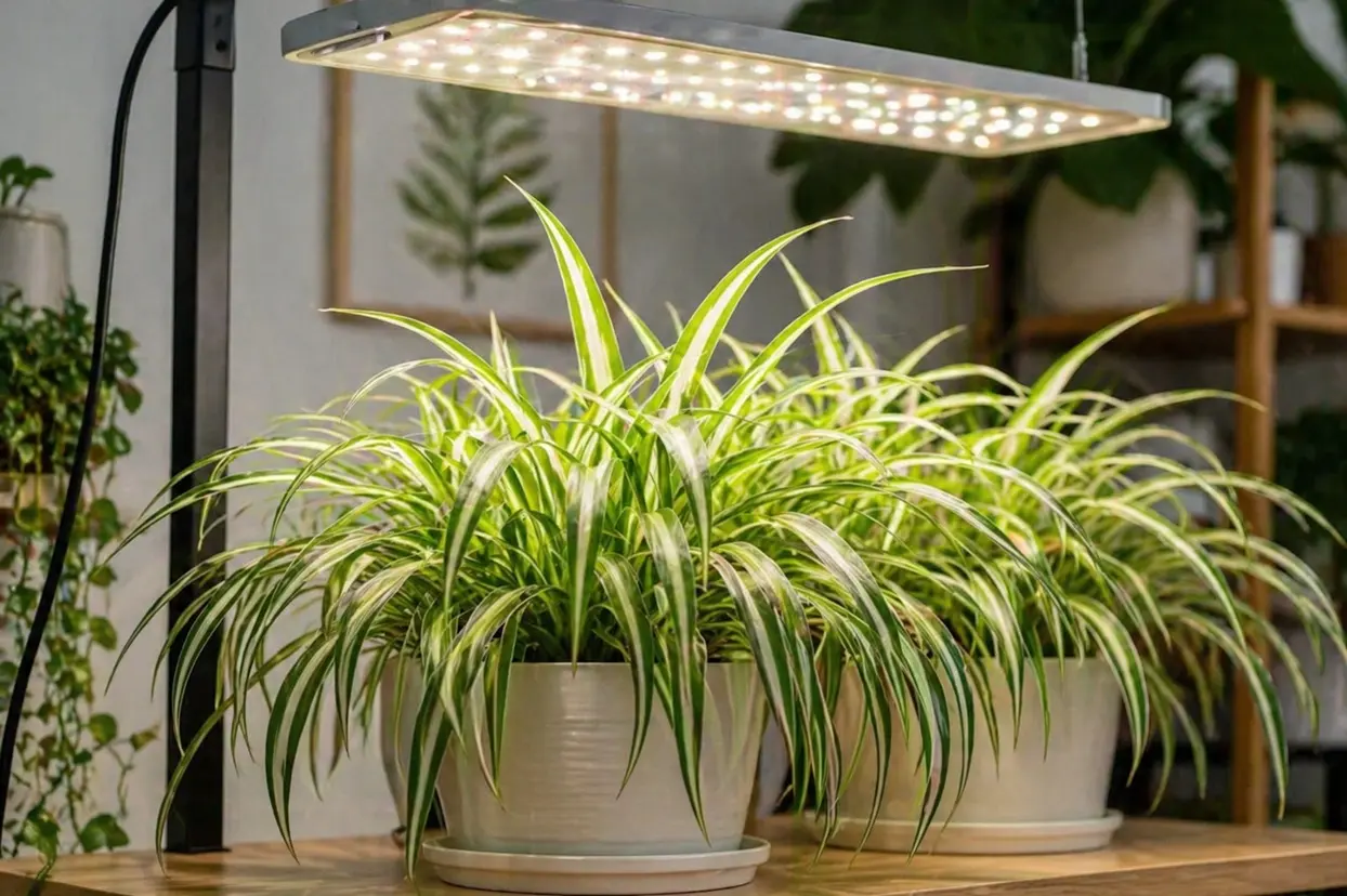 Spider plants growing under indoor LED grow light