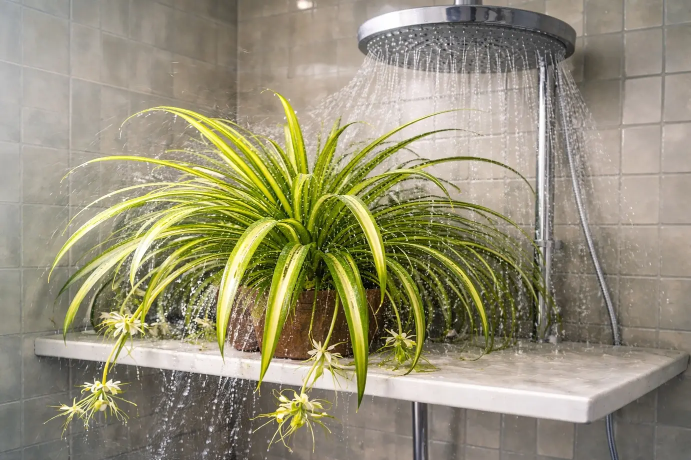 Spider plant being rinsed in a shower to clean leaves and boost humidity