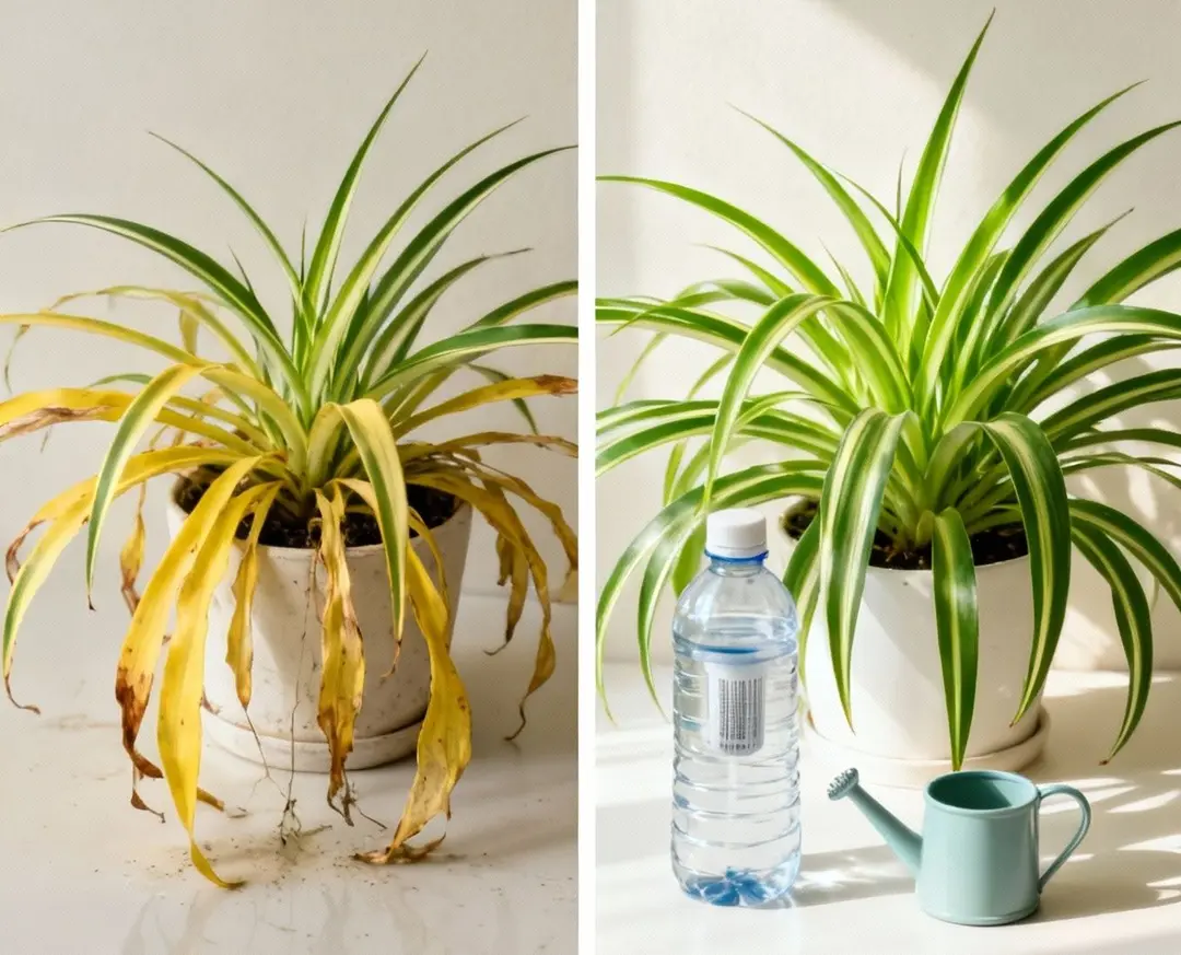 Before and after spider plant showing yellow leaves compared to healthy green growth after proper care