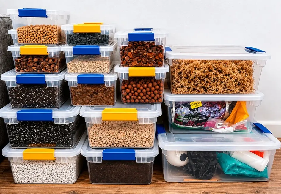 Potting Soil Storage Containers Potting soil, orchid bark, coco chips, perlite, sphagnum moss, and soil amendments stored in sealed plastic storage bins for long-term storage.