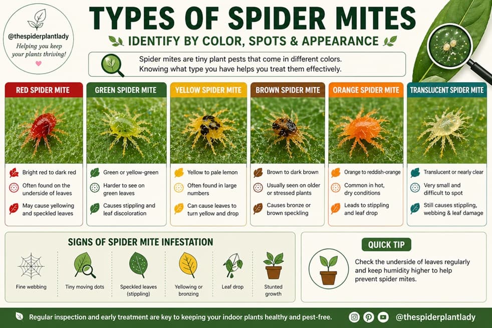 Horizontal infographic showing different spider mite colors including red, green, yellow, brown, orange, and translucent spider mites on plant leaves